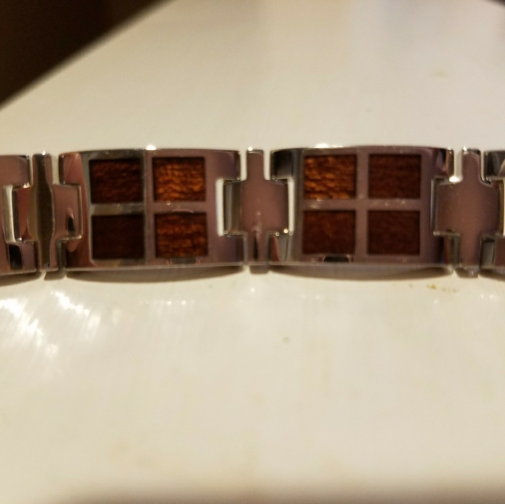 Men's stainless steel and polished wood bracelet